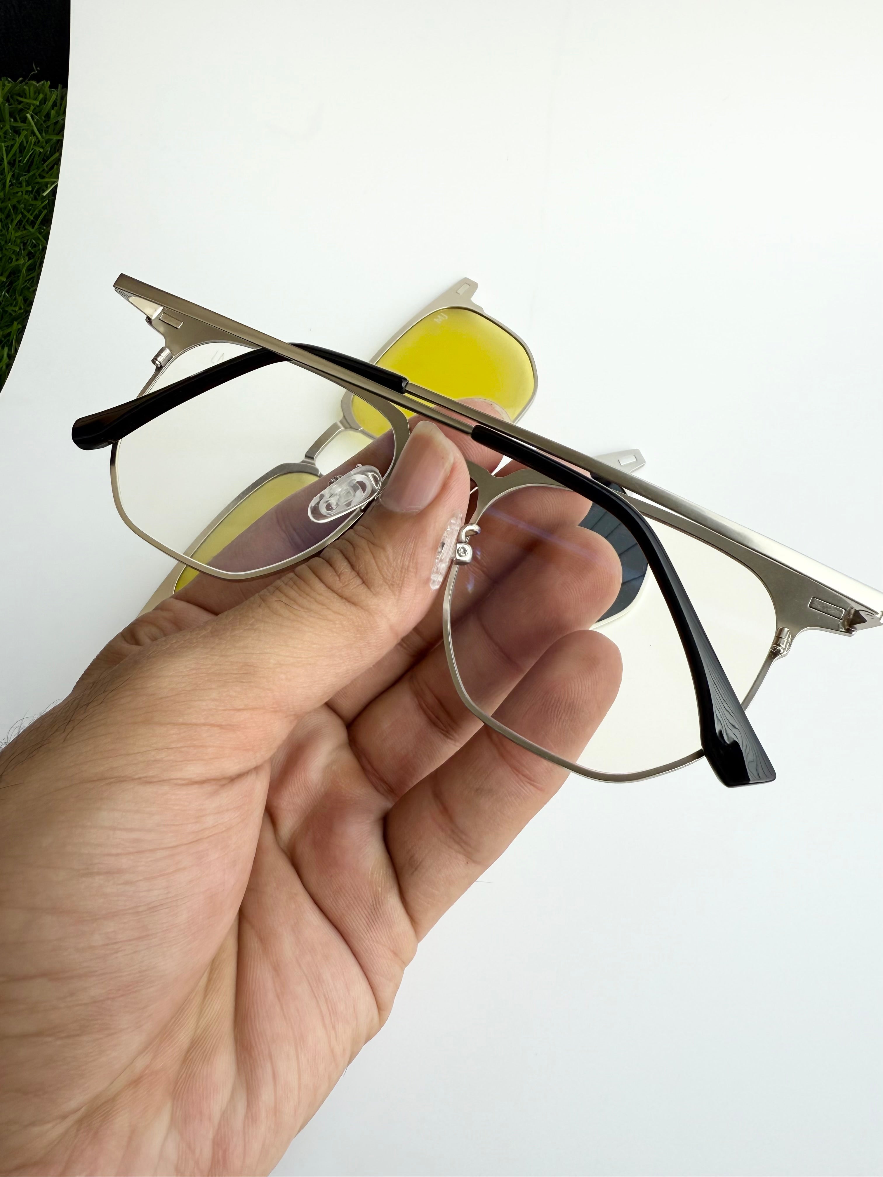 Square shape metal 3 in 1 clip on eyeglasses