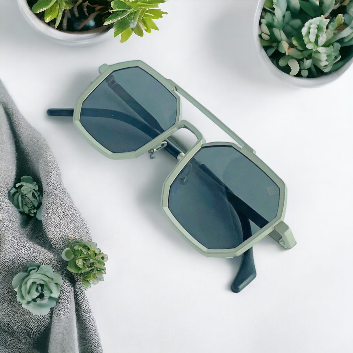 VINTAGE SQUARE Gun Matt metal SILVER HEXAGONAL SUNGLASSES for men & women