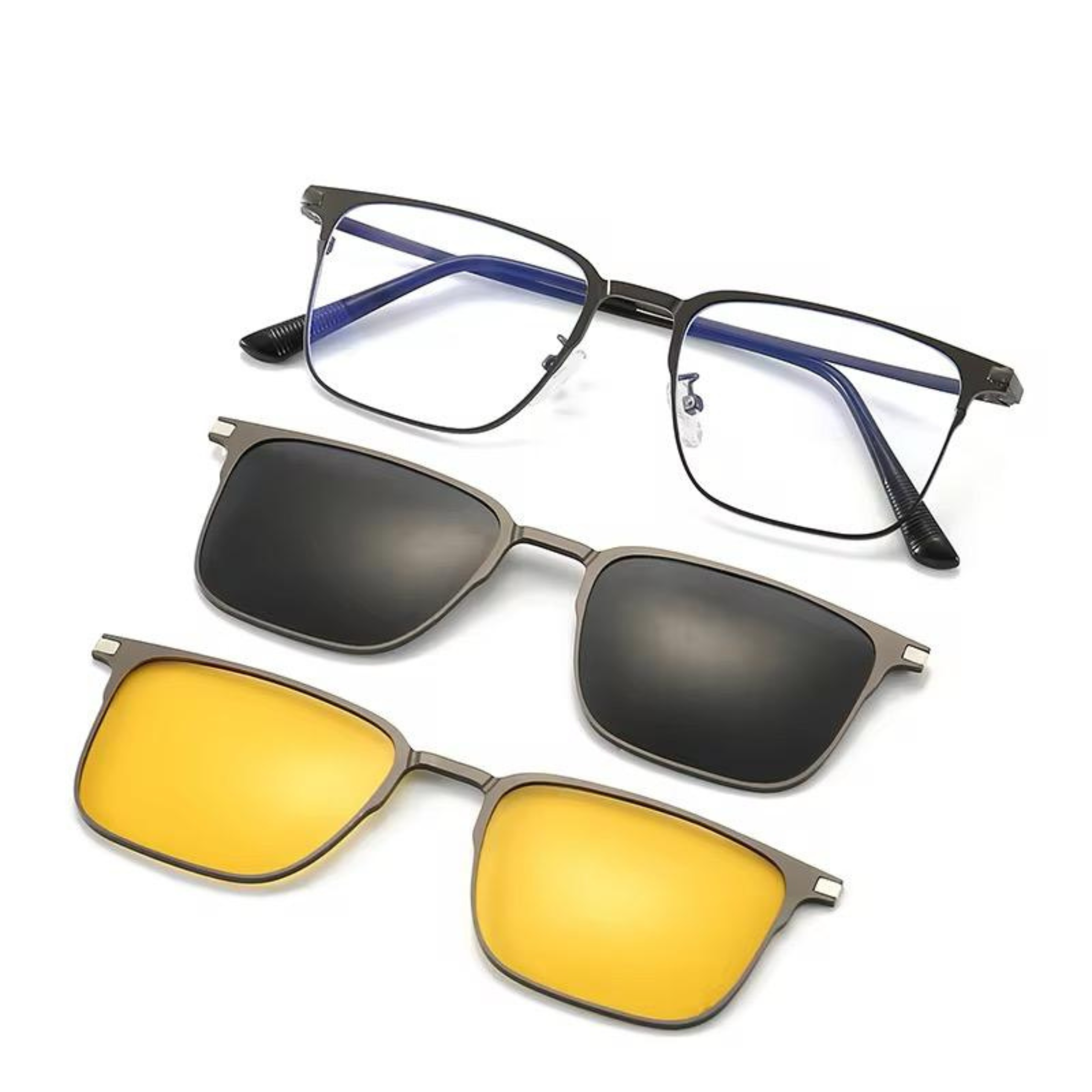 3 in 1 rectangular metal frame Polarized Dark Grey, Night Vision Driving clips , UV Protection, Lightweight Frame