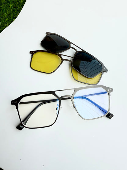 Metal double bridge gun metal clip-on eyeglasses