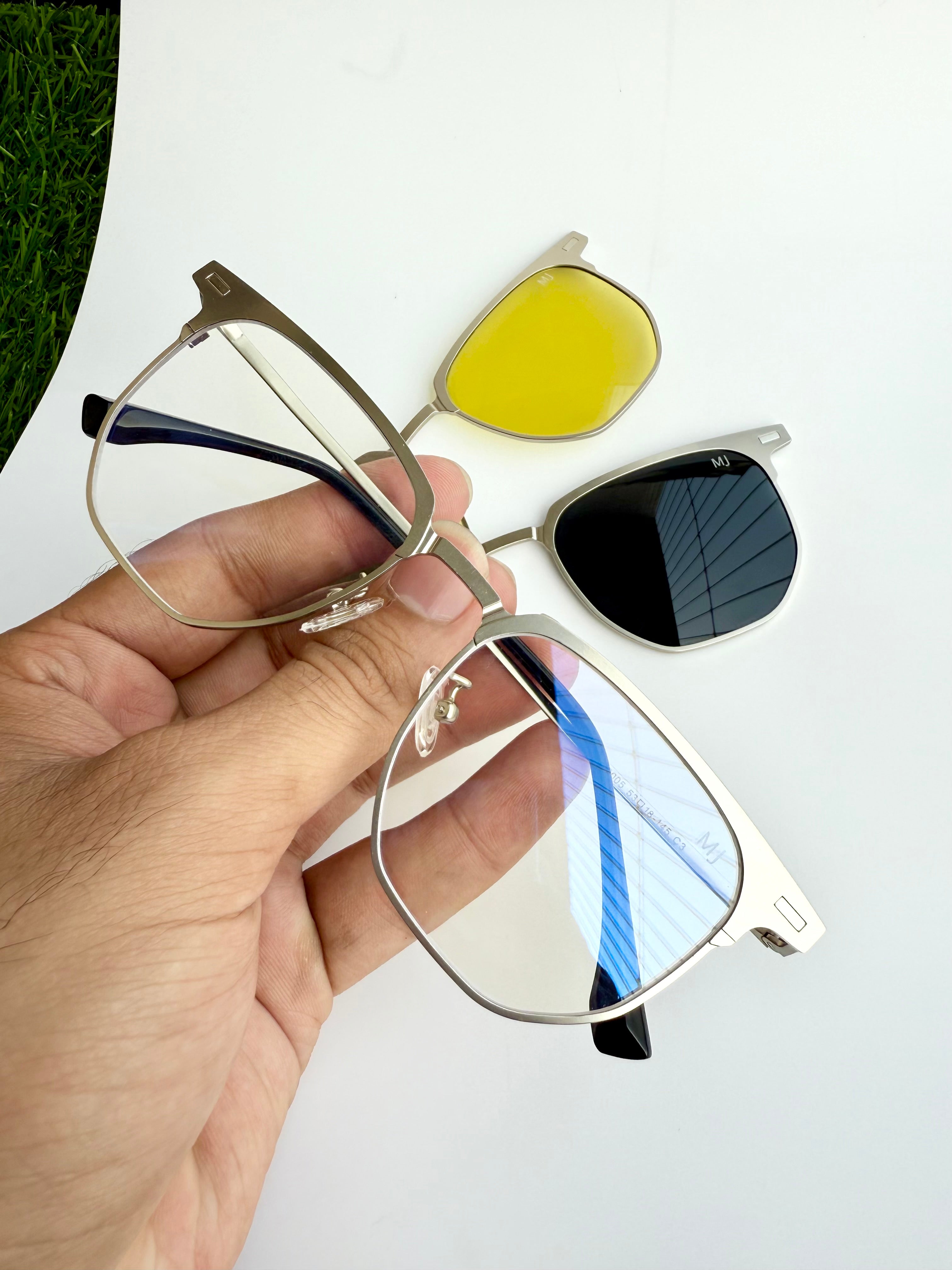 Square shape metal 3 in 1 clip on eyeglasses