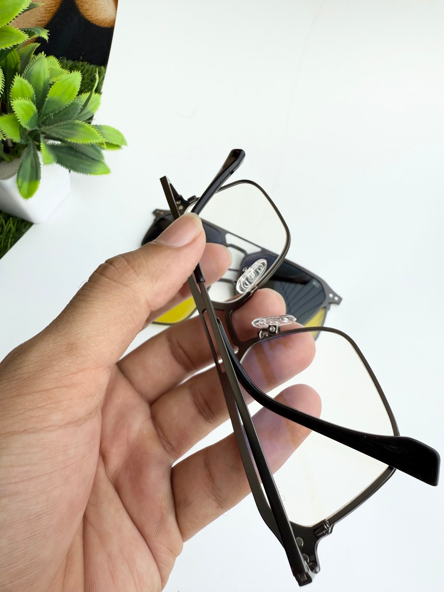 Metal double bridge gun metal clip-on eyeglasses