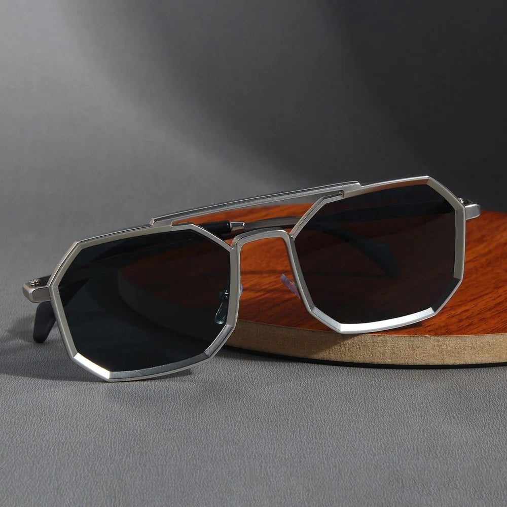 VINTAGE SQUARE Gun Matt metal SILVER HEXAGONAL SUNGLASSES for men &amp; women