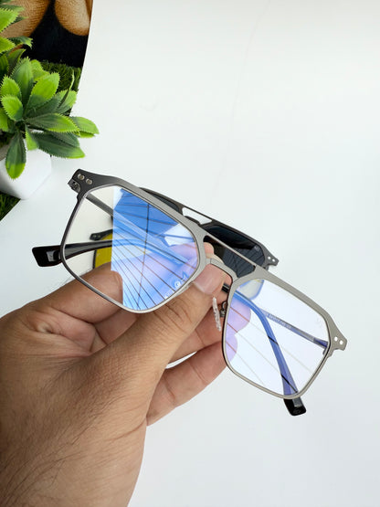 Metal double bridge gun metal clip-on eyeglasses