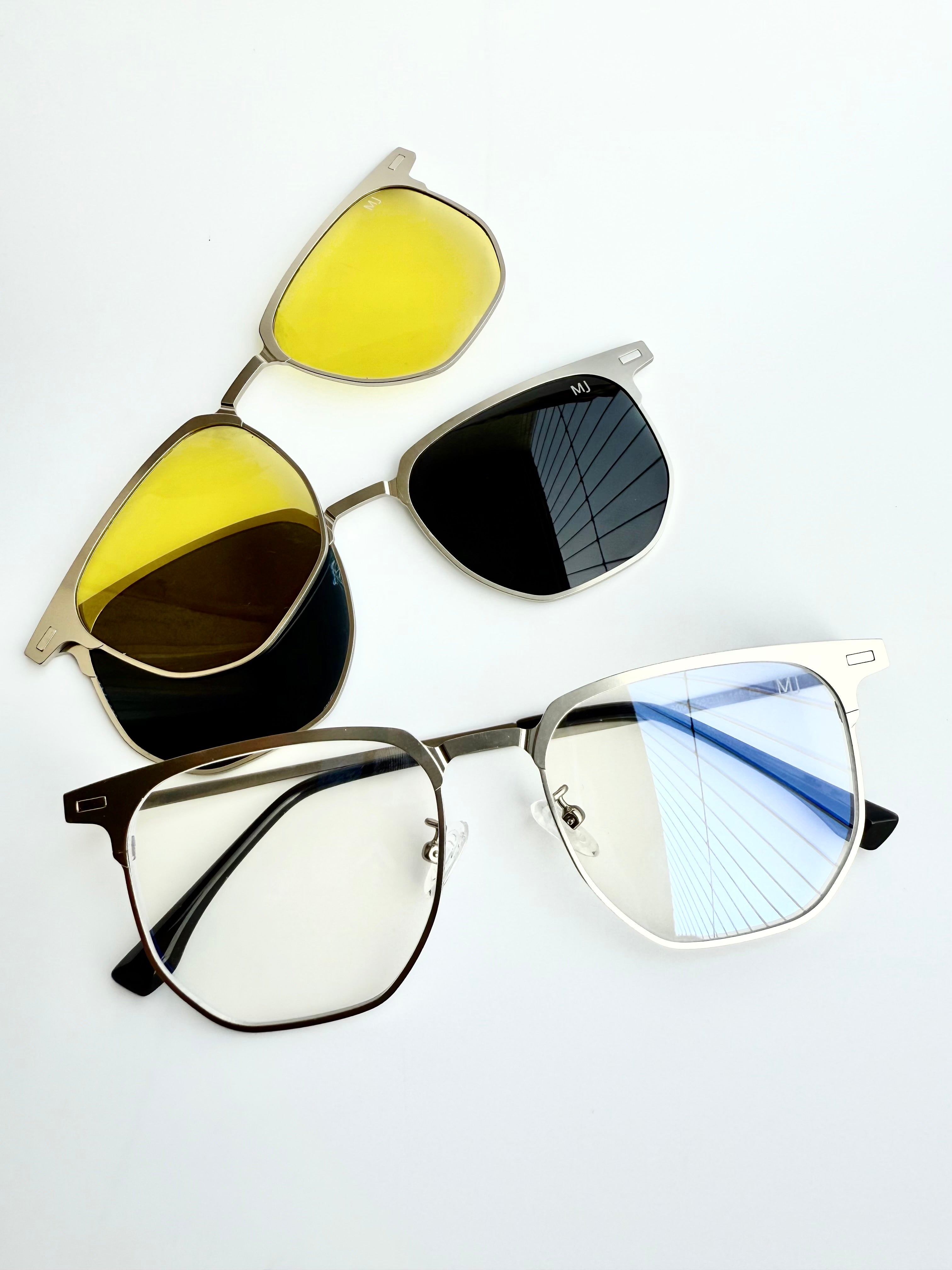 Square shape metal 3 in 1 clip on eyeglasses