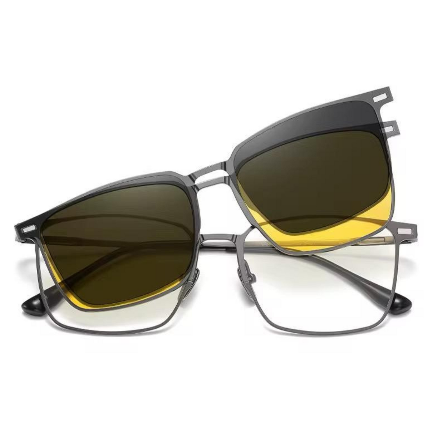 3 in 1 rectangular metal frame Polarized Dark Grey, Night Vision Driving clips , UV Protection, Lightweight Frame