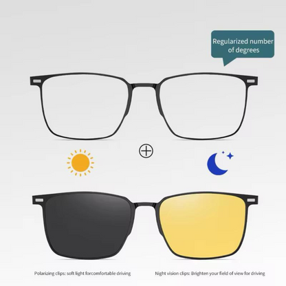 3 in 1 rectangular metal frame Polarized Dark Grey, Night Vision Driving clips , UV Protection, Lightweight Frame
