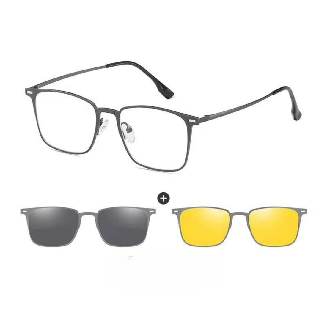 3 in 1 rectangular metal frame Polarized Dark Grey, Night Vision Driving clips , UV Protection, Lightweight Frame
