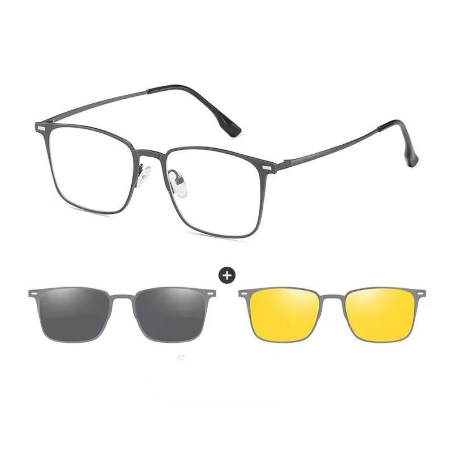 3 in 1 rectangular metal frame Polarized Dark Grey, Night Vision Driving clips , UV Protection, Lightweight Frame
